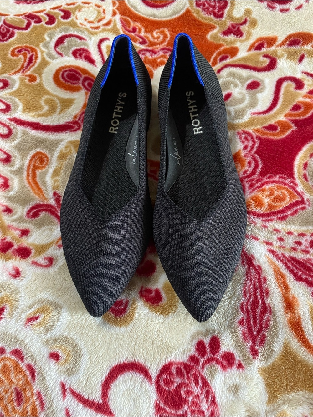 Rothy's Black Pointed Knit Flats with Blue Trim